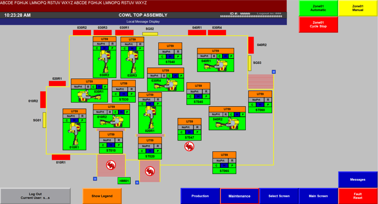 HMI zone overview screen for a cowl top assembly cell