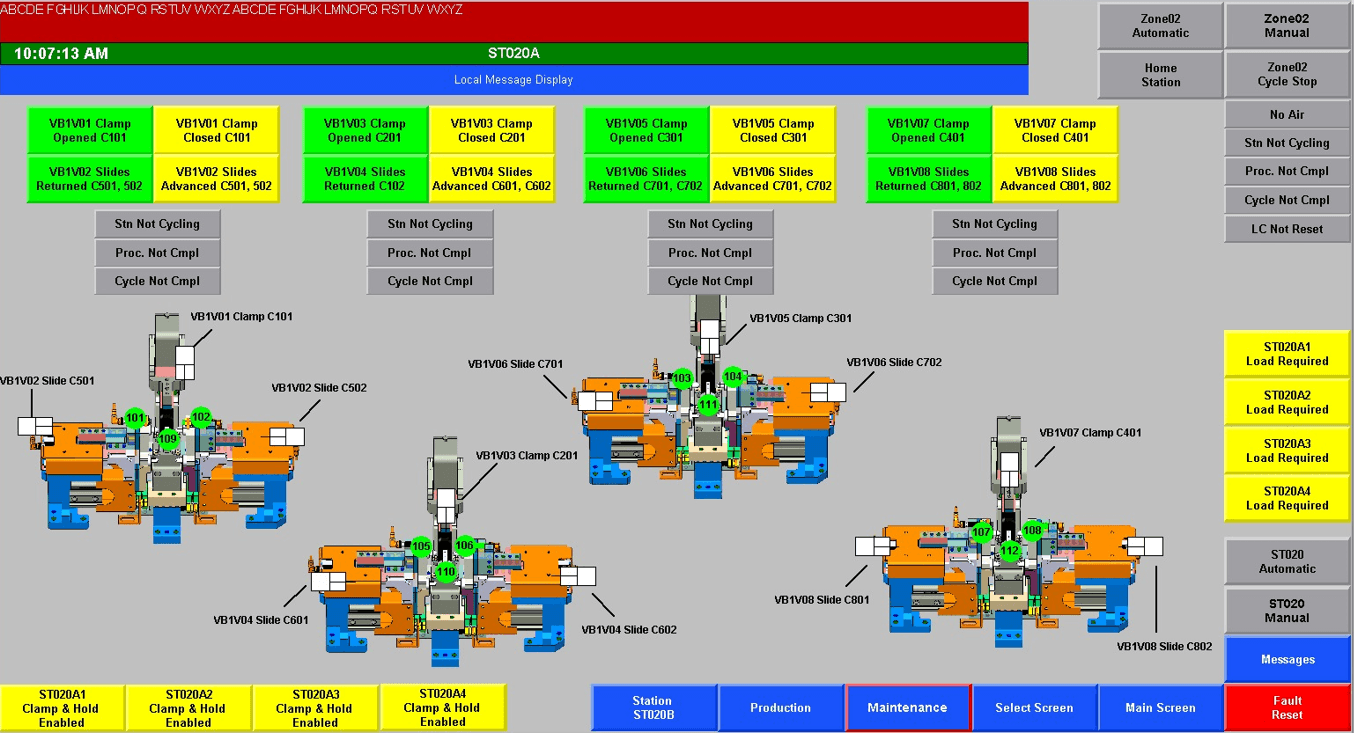 HMI overview screen for multiple weld clamp stations