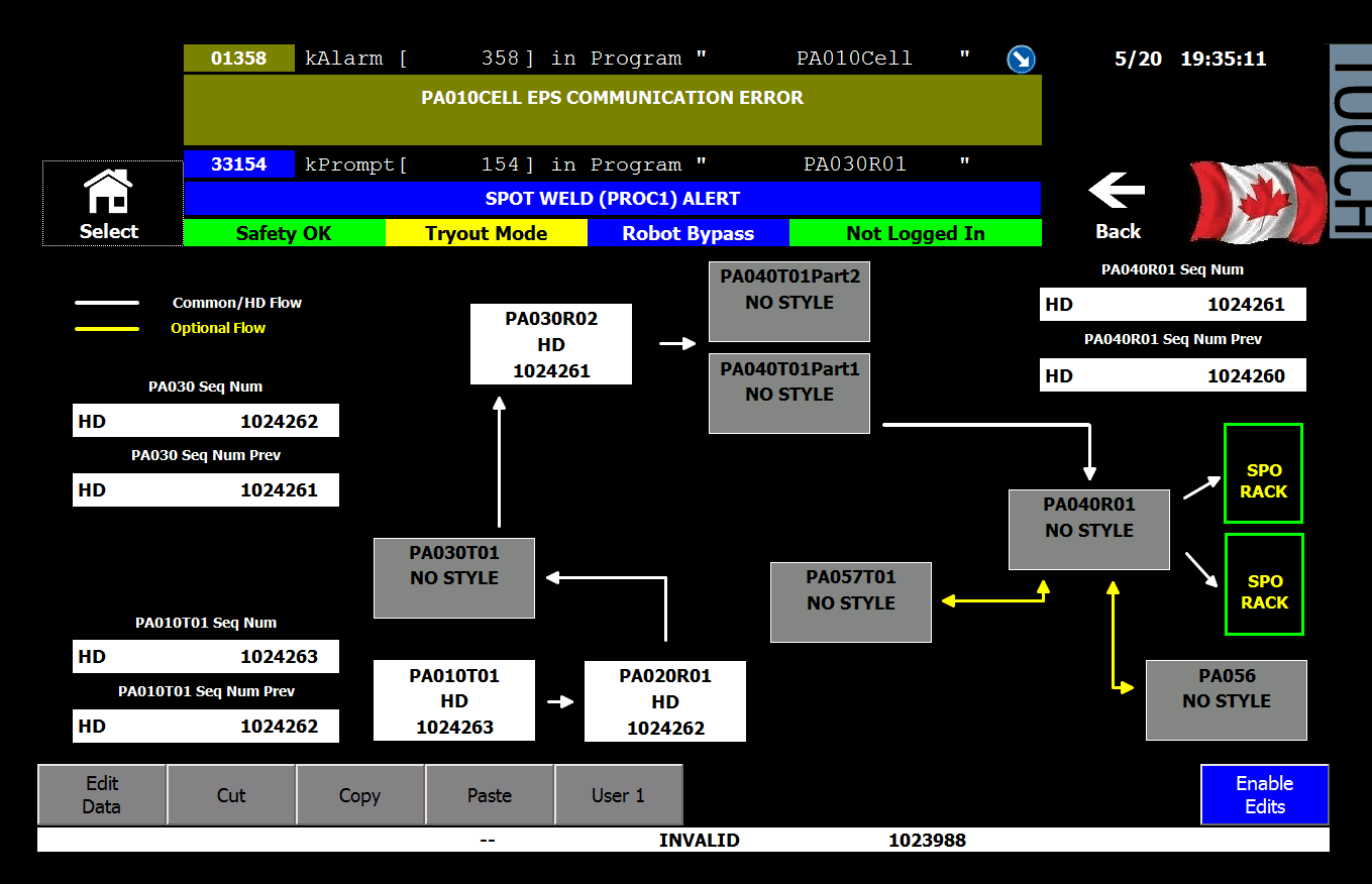 HMI sequence flow screen for a spot welding process