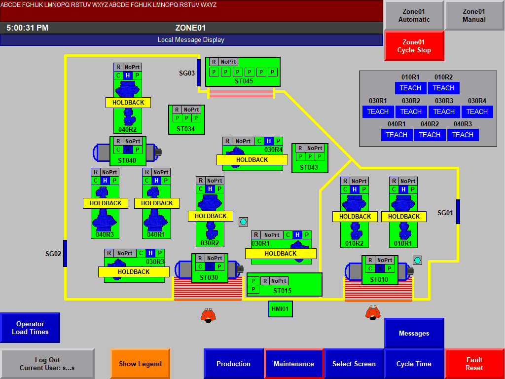 HMI zone overview screen with robot teach controls and station status