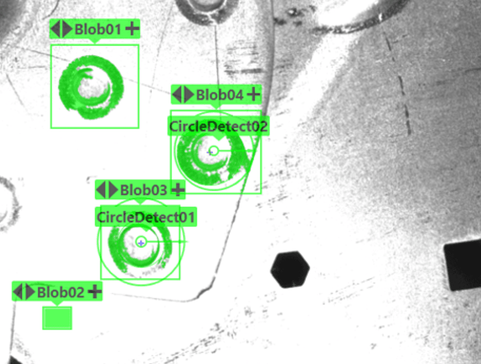 Vision system screen showing blob and circle detection for weld inspection