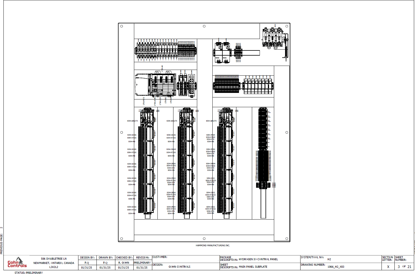 Custom control panel layout drawing showing component placement and wiring