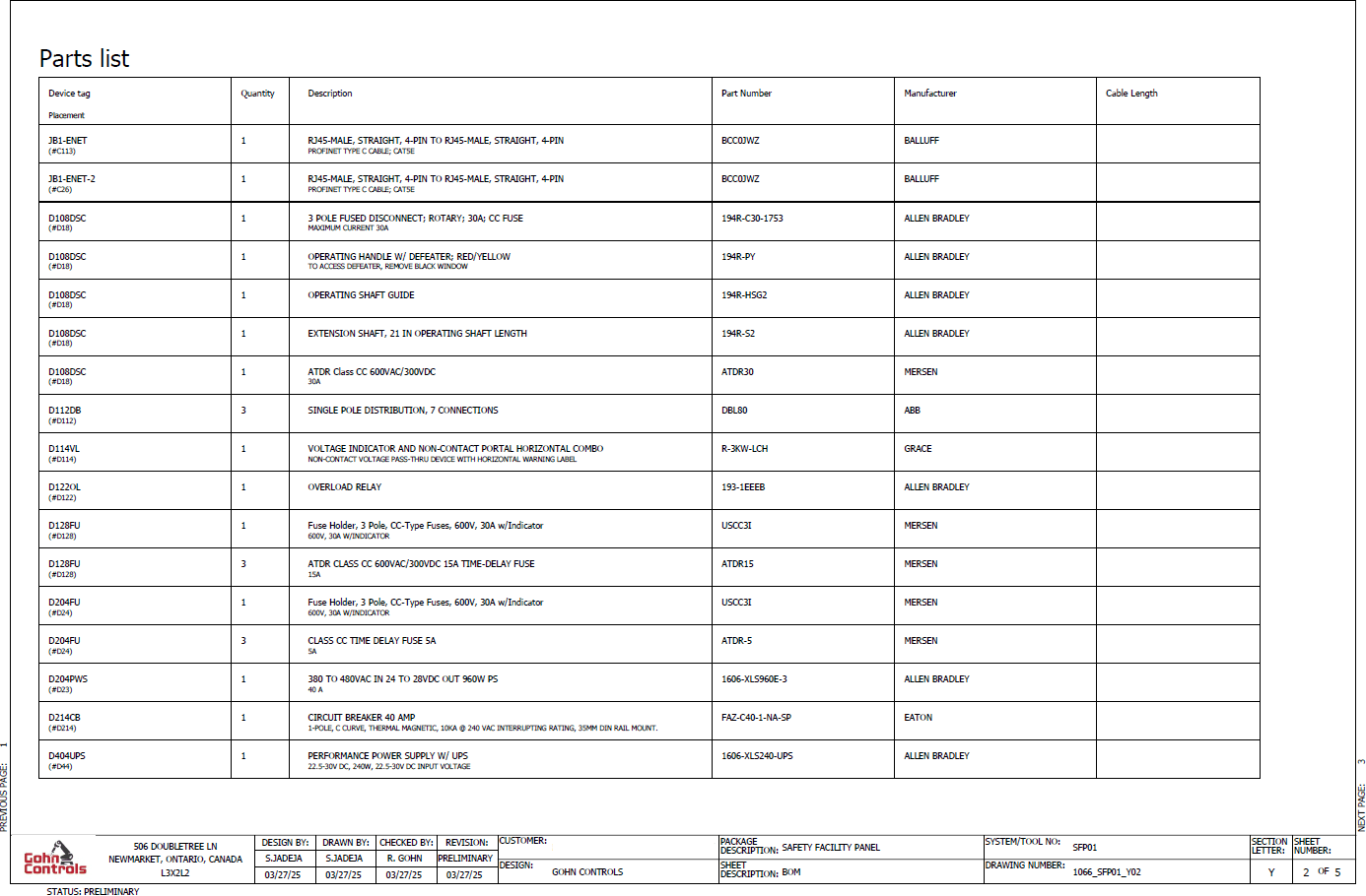Sample bill of materials parts list with device tags and part numbers