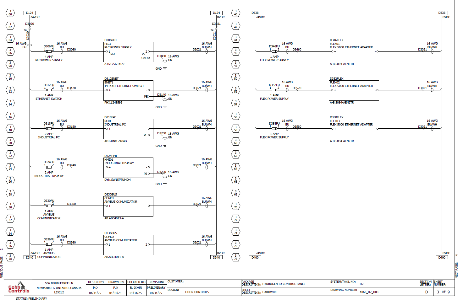 Electrical hardwire schematic showing PLC, Ethernet switch, and industrial PC wiring