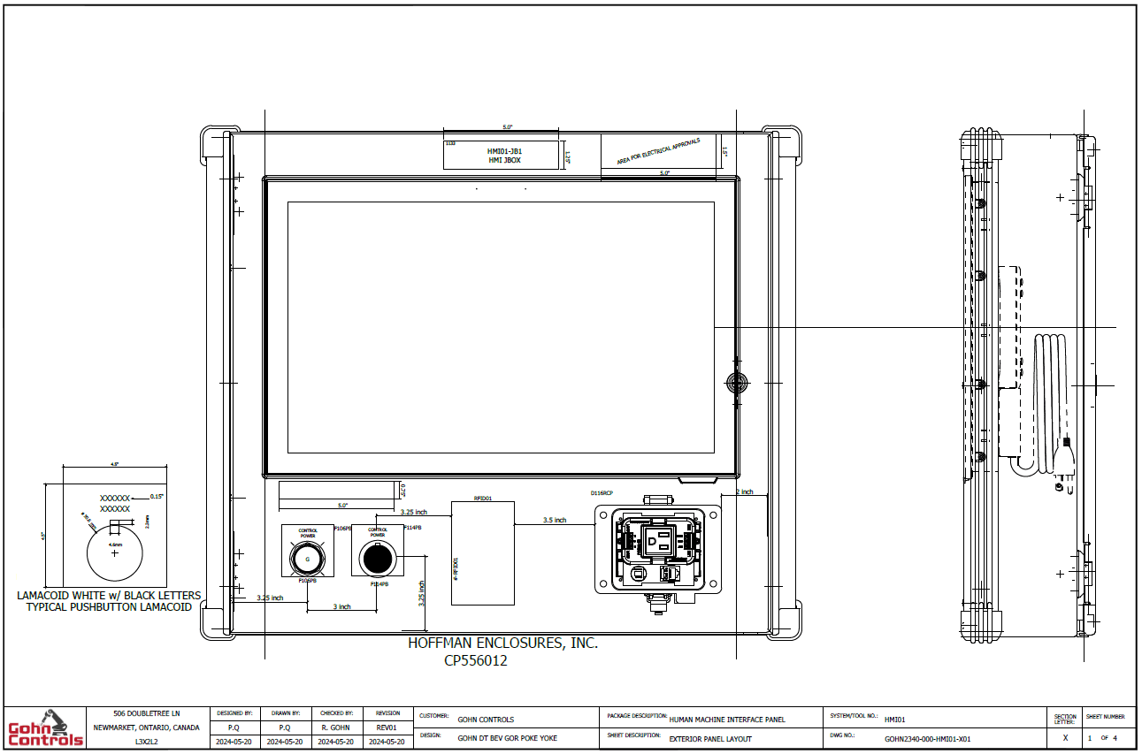 HMI panel exterior layout drawing with pushbutton and connector placement