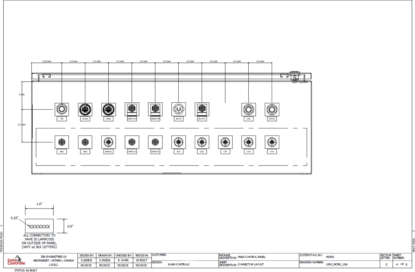 Main control panel connector layout drawing with dimensioned spacing