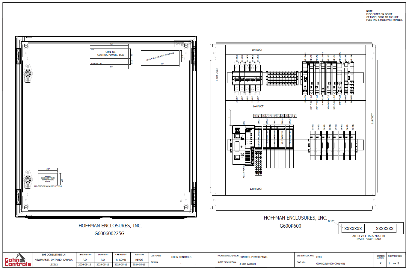 Control power panel layout drawing with J-box and breaker placement