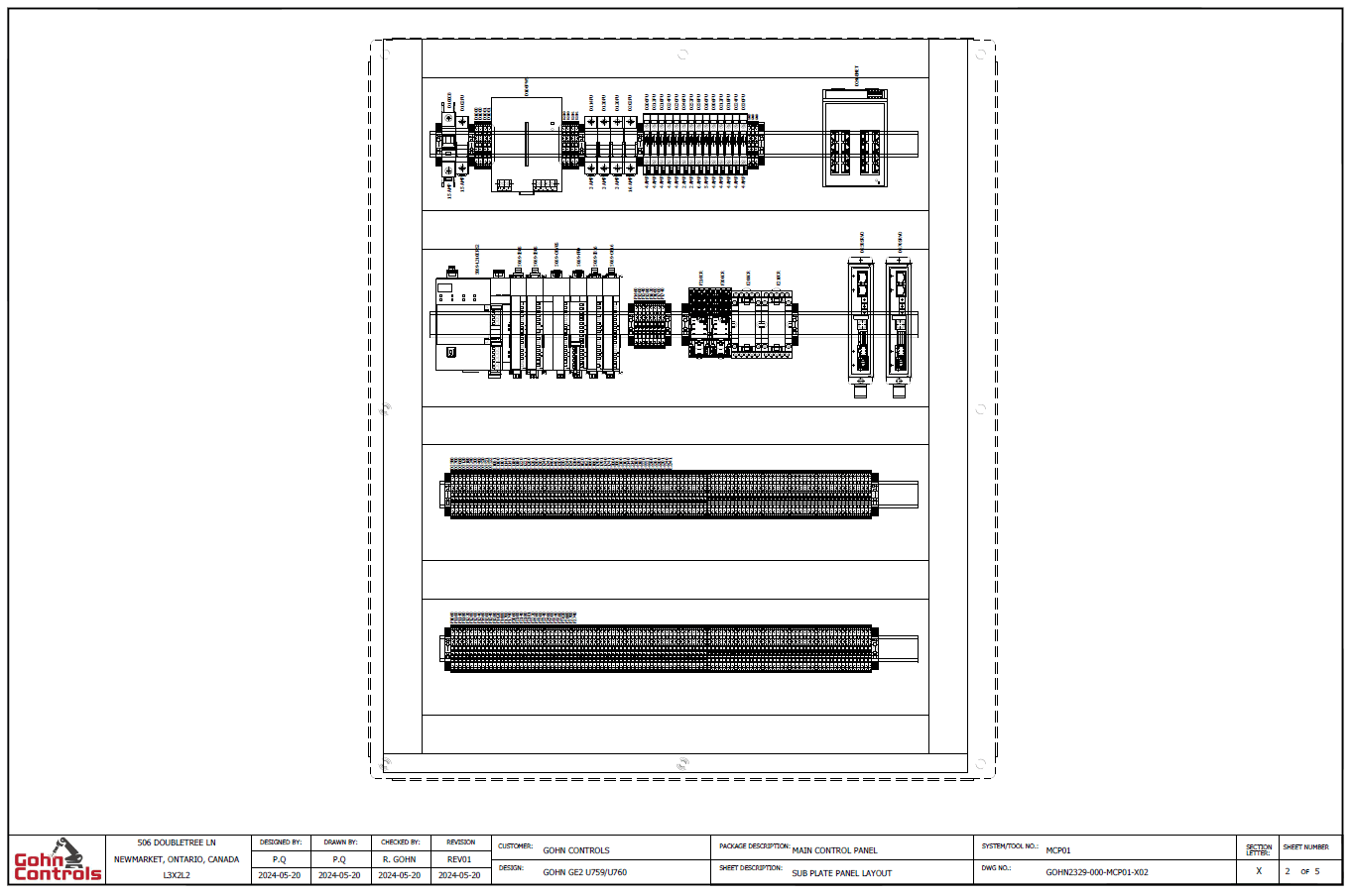 Main control panel sub-plate layout drawing with DIN rail and terminal block placement