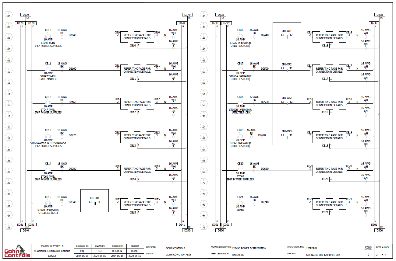 120VAC power distribution schematic with circuit breaker and load wiring