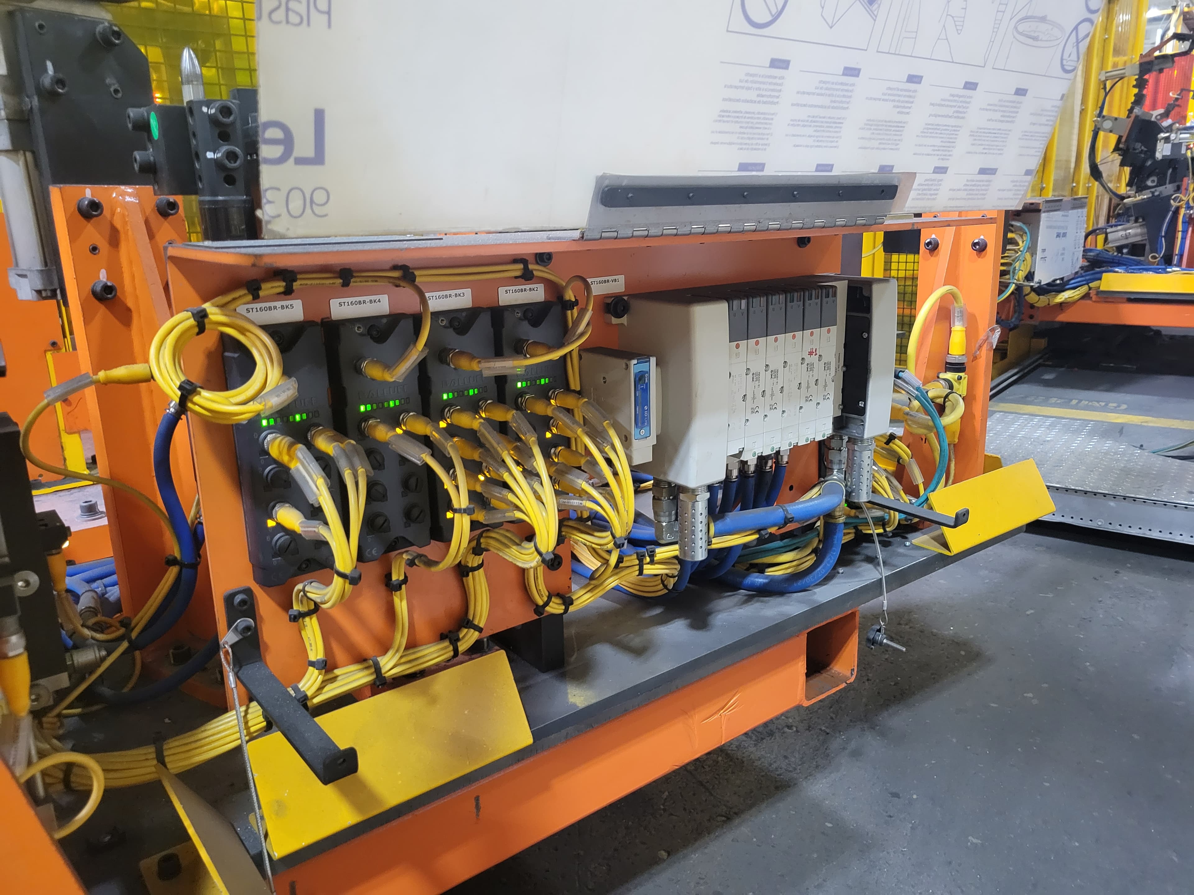 Field-mounted I/O junction box wired on an orange machine frame