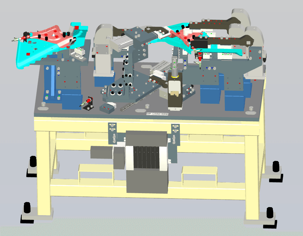 3D CAD render of a mobile fixture cart with dual robotic tooling stations