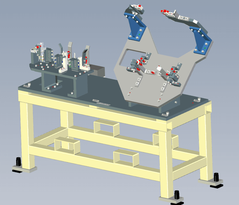 3D CAD render of a checking fixture mounted on a fabricated stand