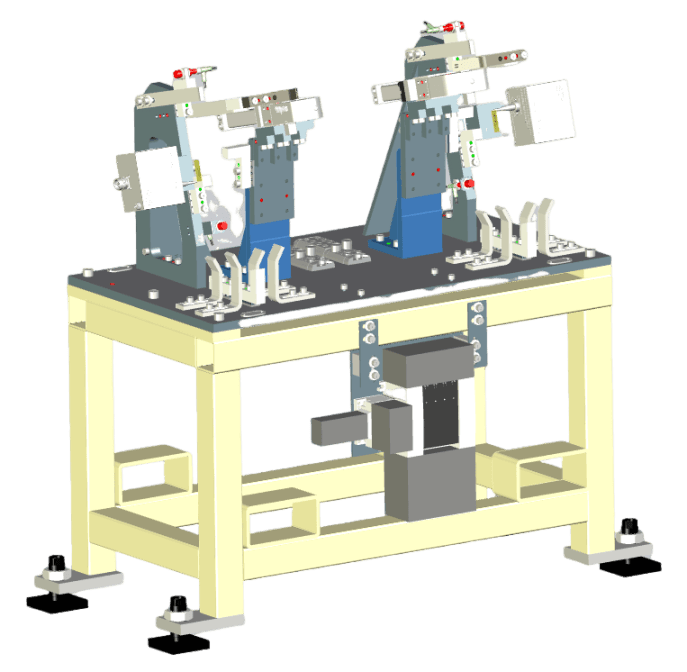 3D CAD render of a dual-station tooling fixture on a mobile cart