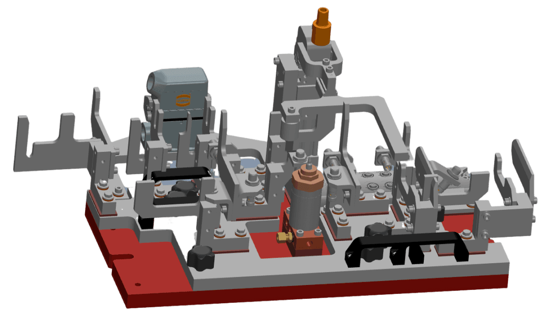 3D CAD render of an end-of-arm tooling gripper with integrated motor mount