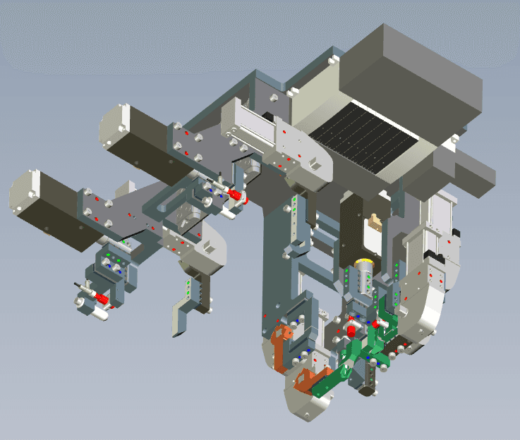 3D CAD render of a multi-axis end-of-arm tooling gripper assembly