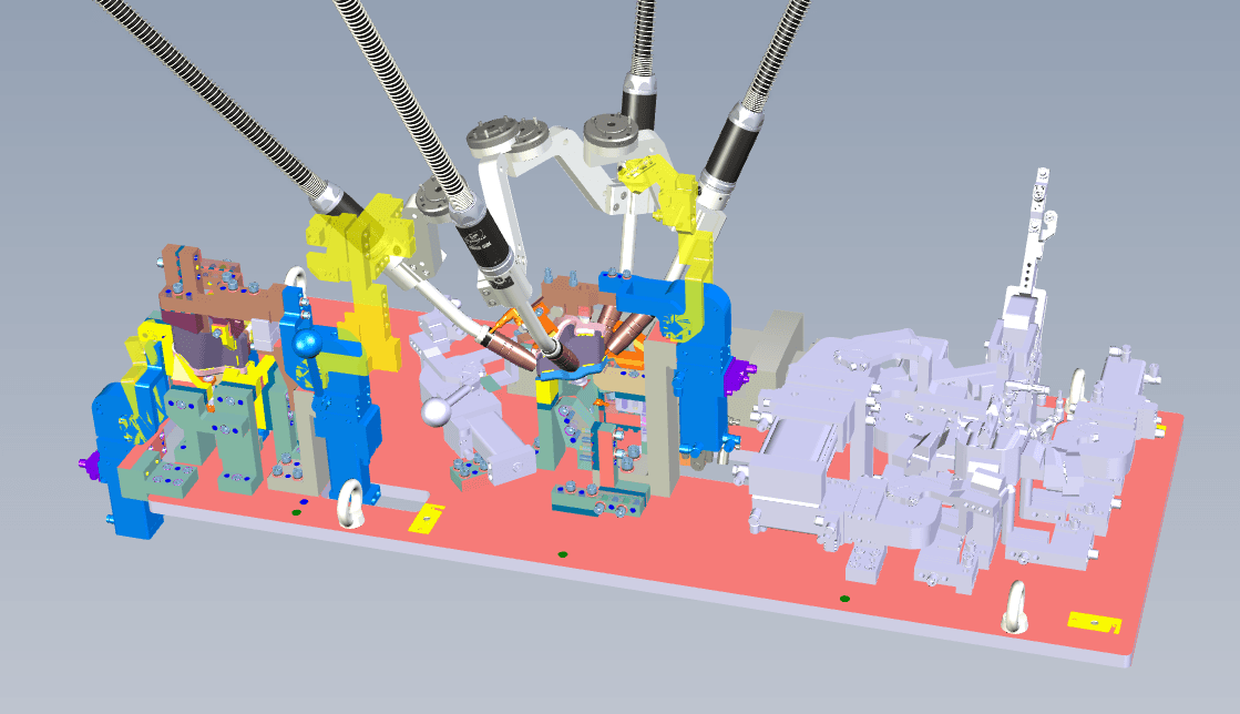3D CAD render of a multi-robot cell layout positioned over a tooling fixture
