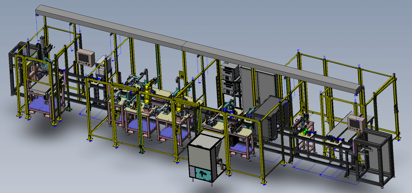 3D assembly render of a full production line with guarding and tooling stations
