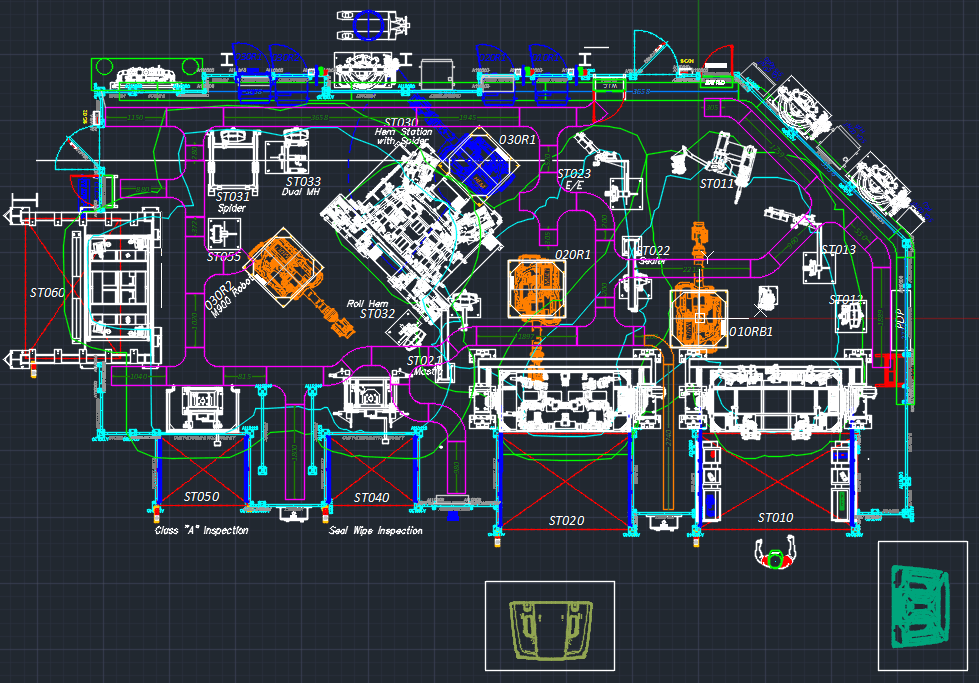 Top-down CAD layout drawing of a multi-station robotic work cell