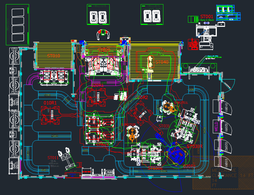 Top-down CAD layout drawing of a robotic production cell with conveyor and stations