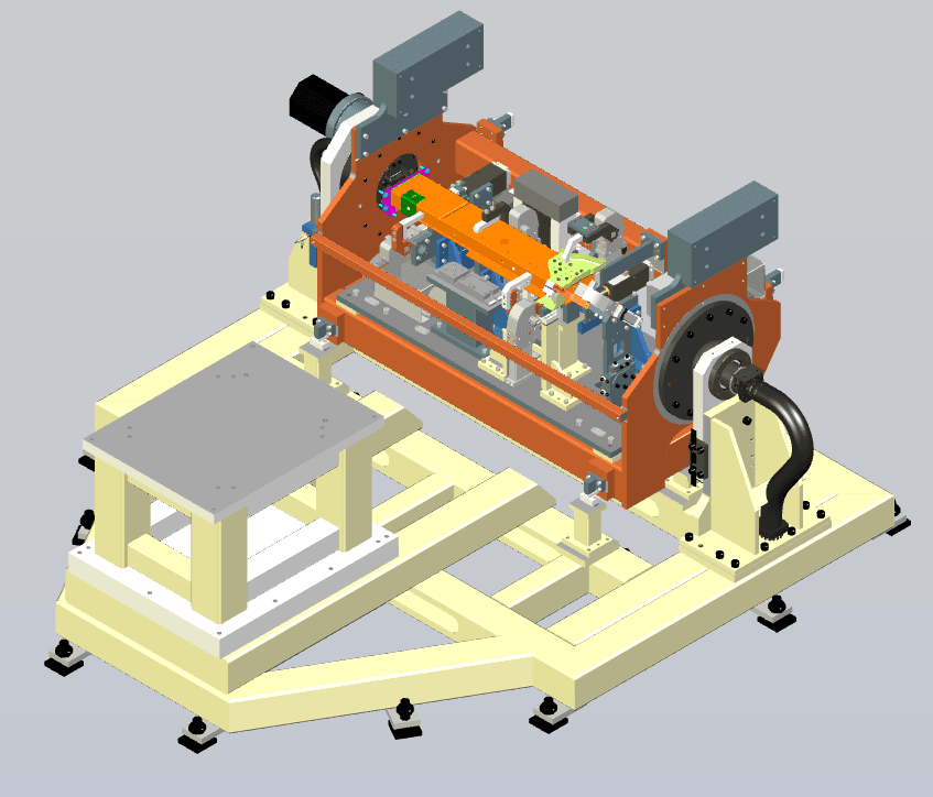3D CAD render of a multi-axis tooling fixture with linear actuators and mounting frame