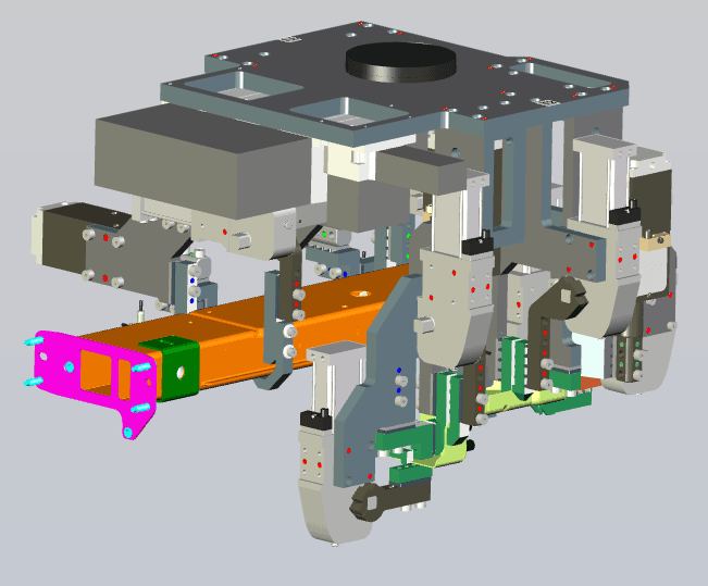 3D CAD render of an orange tooling block assembly with pneumatic mounts