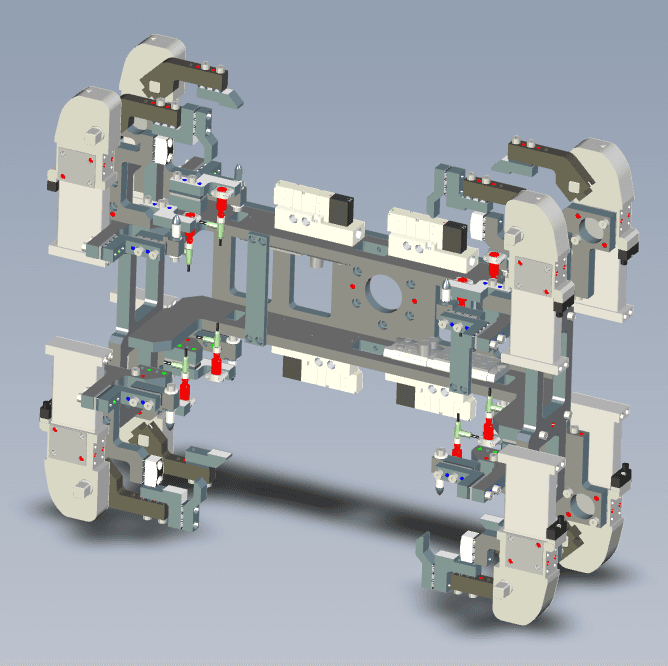 3D CAD render of a precision tooling fixture with multiple locating clamps
