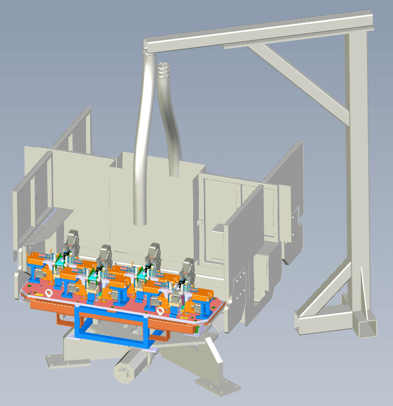 3D CAD render of a welding cell fixture with overhead structure and clamping arms