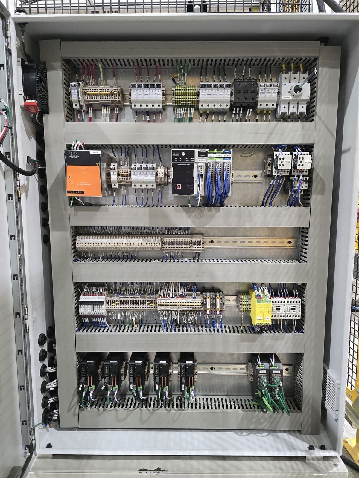 CSA-certified five-bay control panel with organized DIN rail wiring