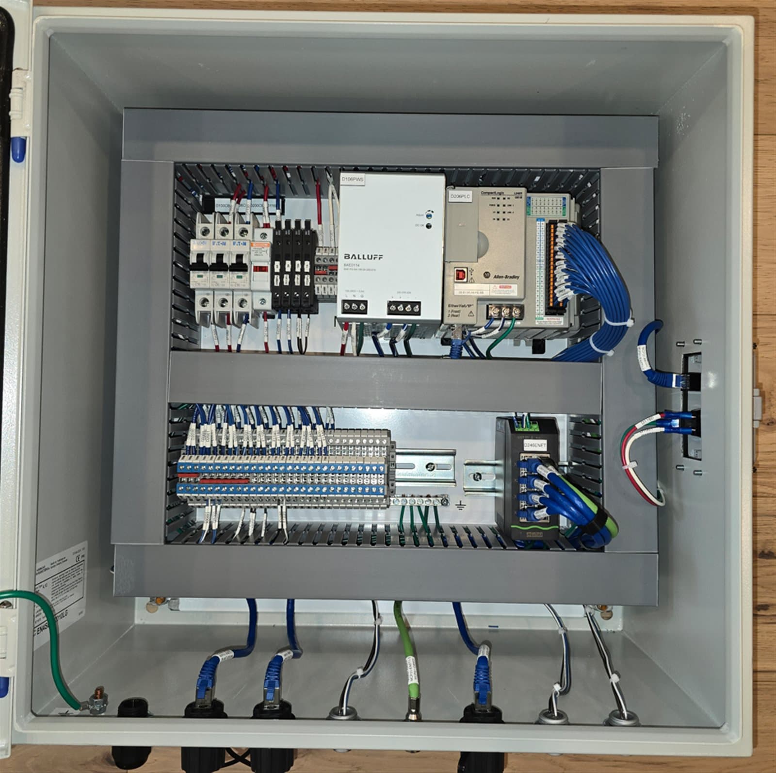 Compact control panel with Allen-Bradley controller and DIN rail breakers