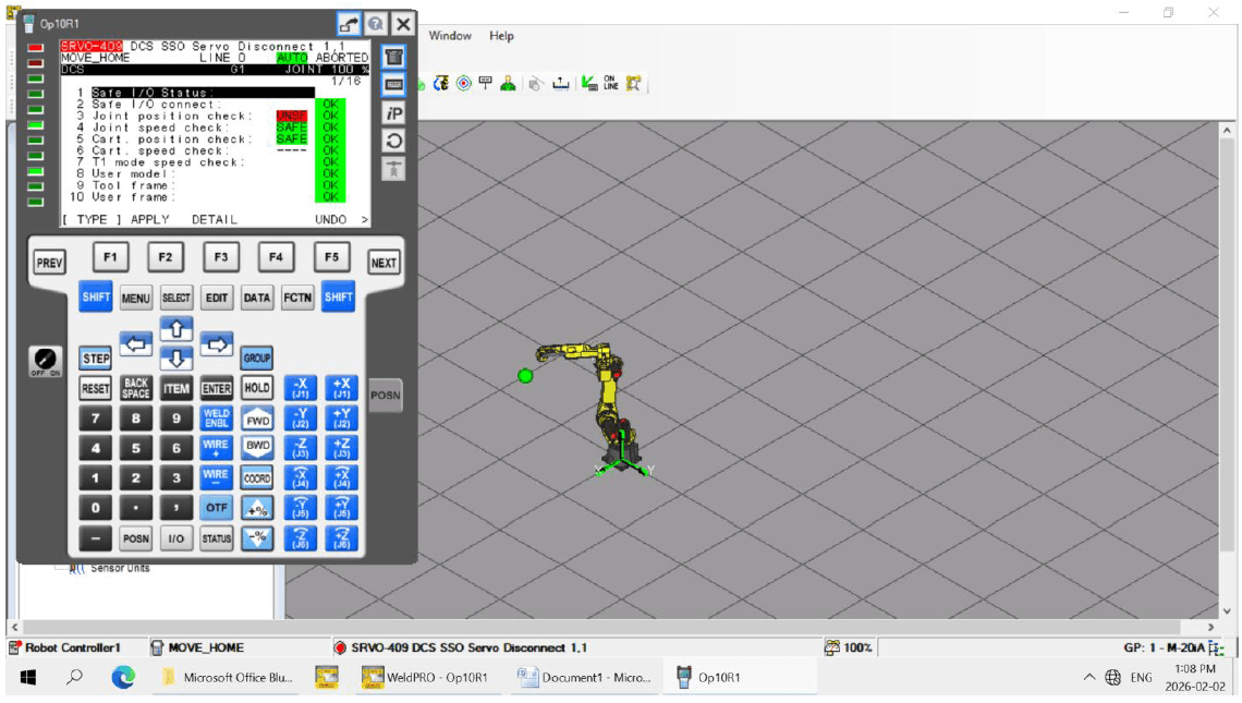 Robot simulation software interface showing program editing and 3D view