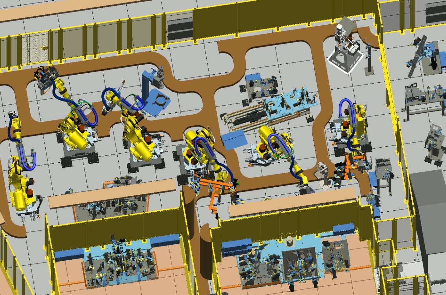 3D simulation of a multi-robot welding cell with conveyor routing