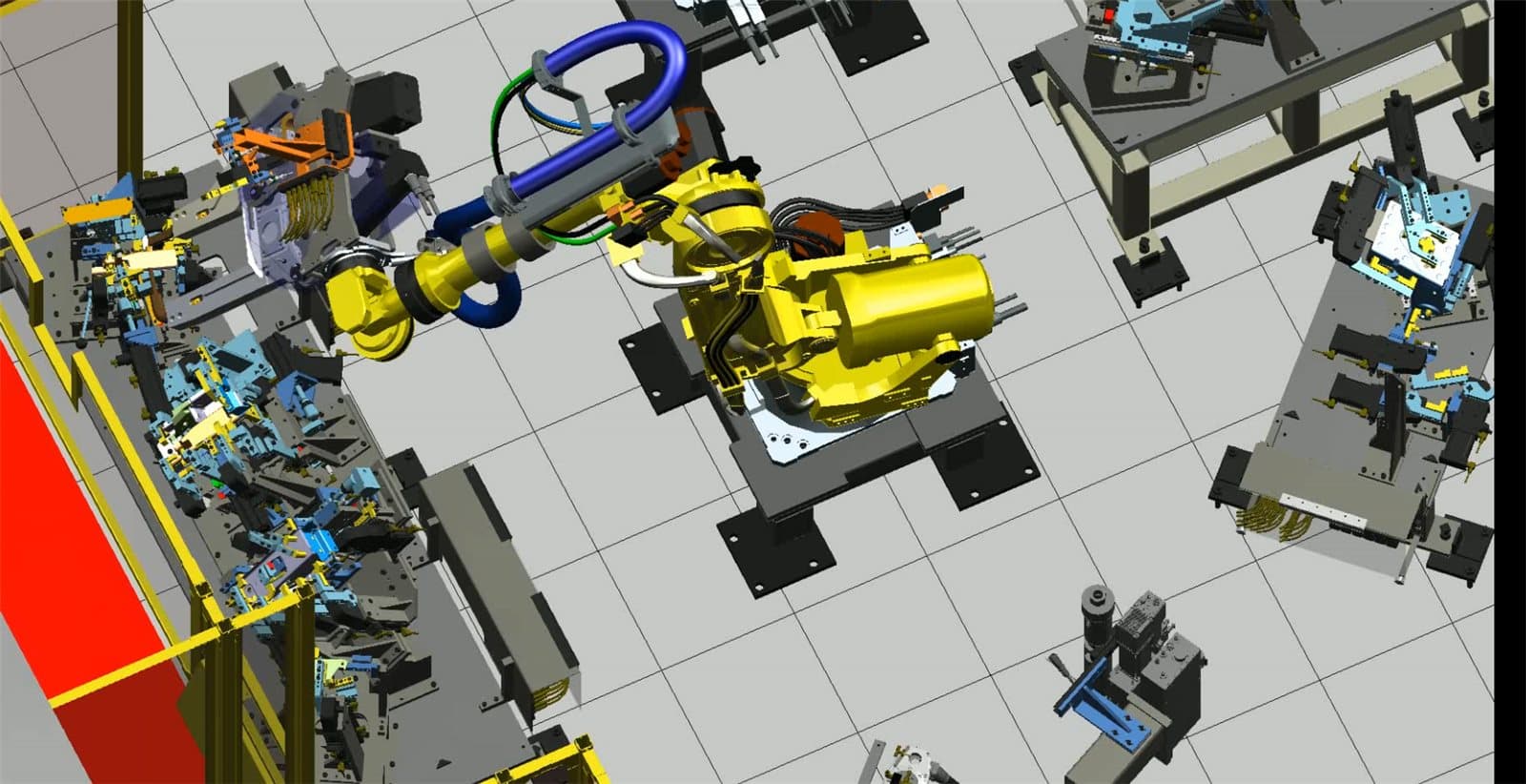 3D simulation close-up of a robot end-of-arm tool and fixture