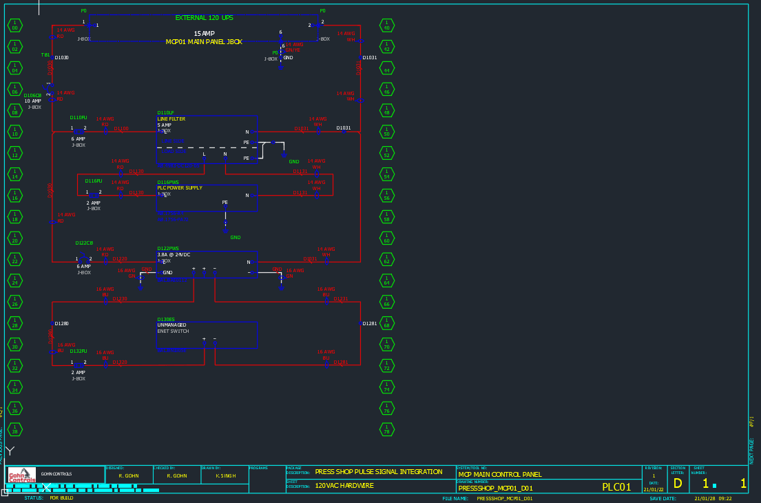 Gohn Controls electrical schematic for a press shop pulse signal integration